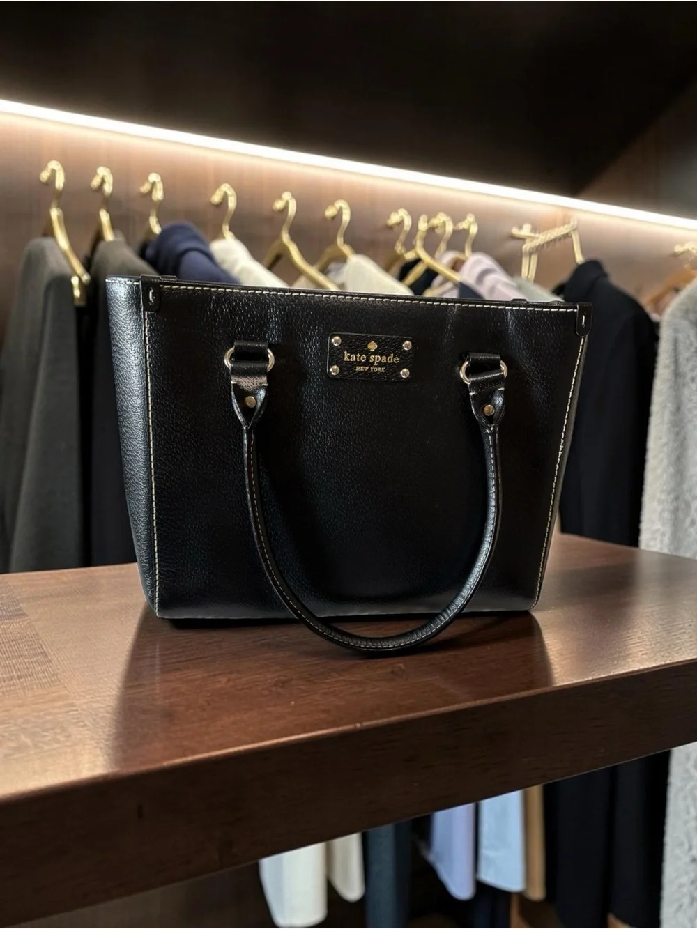 Kate Spade Black Pebbled Leather Tote with Gold Plaque